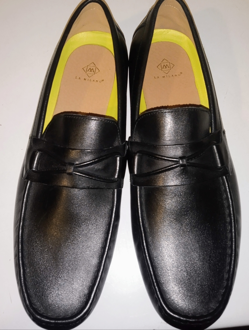 NWOT Milano Black Leather Men's Slip-On Loafers with Yellow Insole Size 13